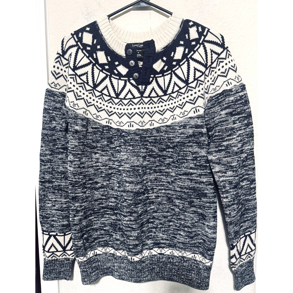 Love Cameron Fair Isle Sweater Mens Size M Navy Blue 100% cotton Henley